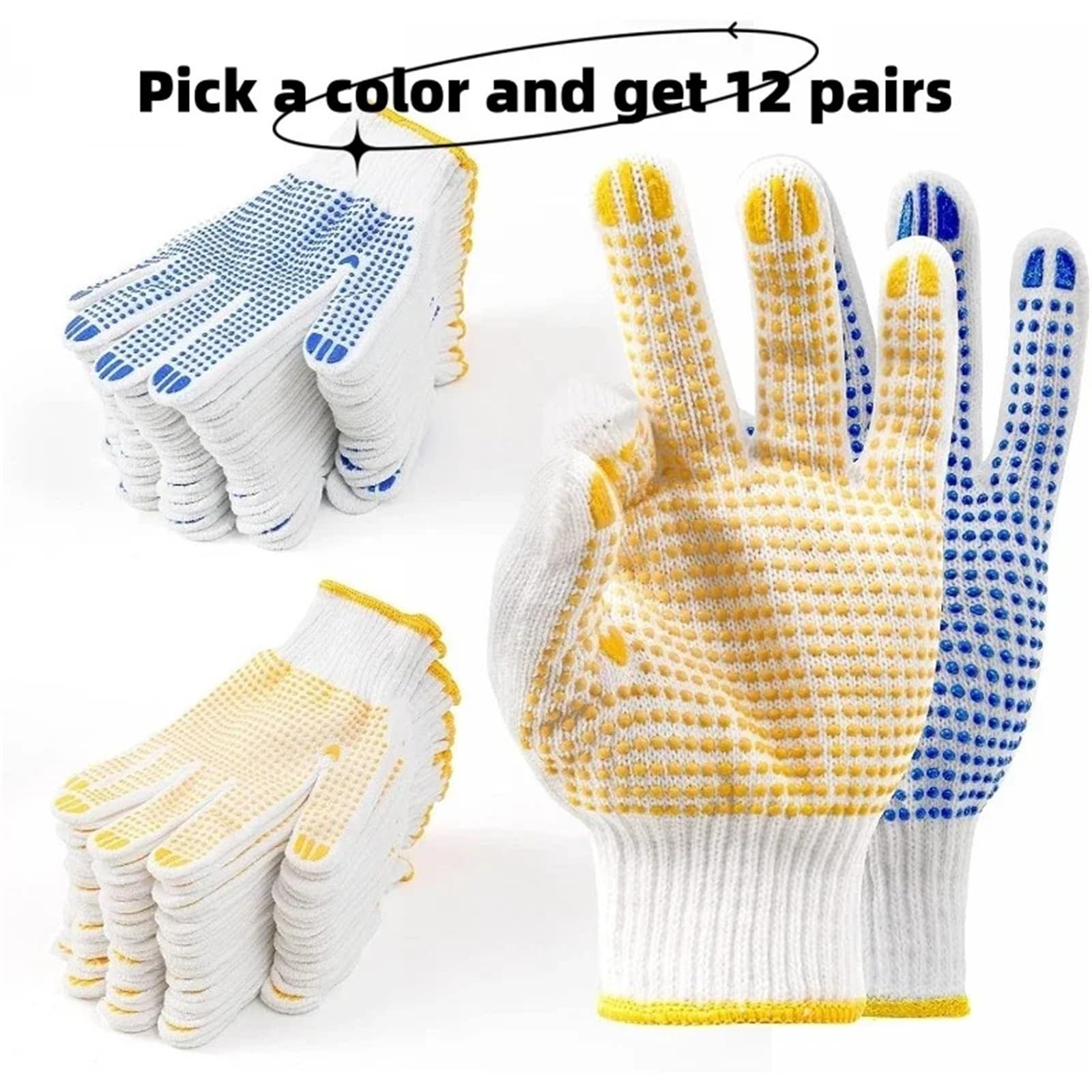 Guantes De Trabajo Antideslizantes 12 pares de guantes trabajo seguridad tejidos poliéster y algodón con puntos for almacén mecánico pintor(YELLOW)
