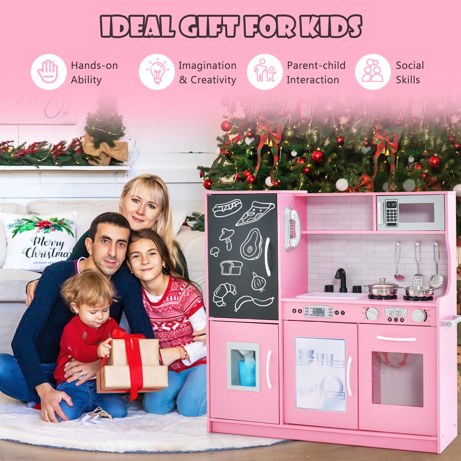 HOMASIS Spielküche mit 10 Zubehör, Kinderküche Holz, Spielzeugküche mit Tafel Spüle Herd Ofen Mikrowelle Eismaschine Telefon, Holzküche Kinderspielküche für Kinder ab 3 Jahre (Rosa)