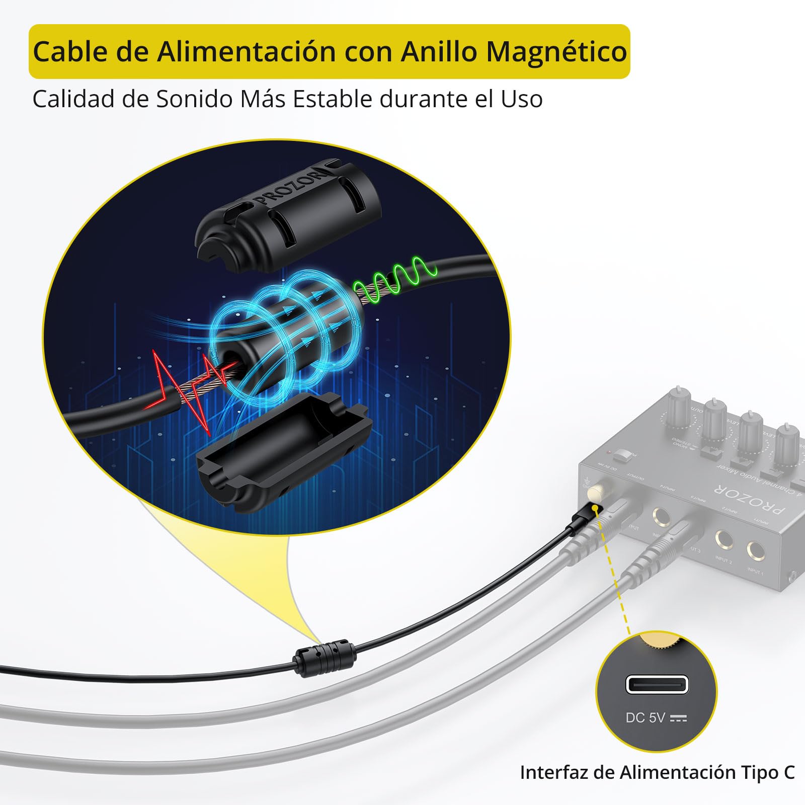 PROZOR Mezclador Audio 4 Canales Compacto USB-C - Control Volumen Independiente, 4 Entradas/Salidas 6,35mm, Interruptor Estéreo Mono, Bajo Ruido para Micrófono Guitarra Bajo DJ Streaming Grabación