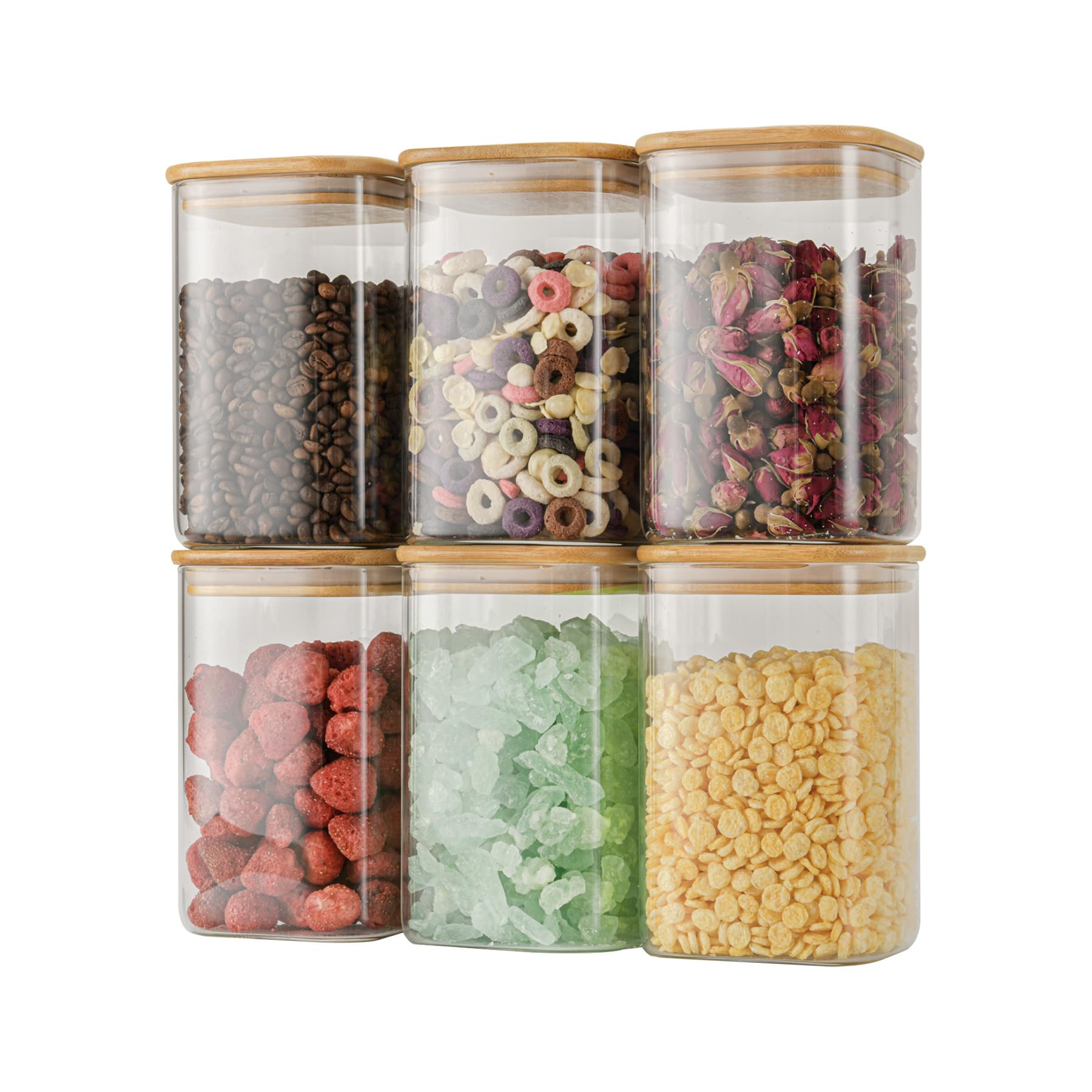 D2scrma Luftdichte quadratische Vorratsdosen aus Glas mit Bambusdeckel, 1200 ml, stapelbare Behälter, Küchengläser für Speisekammer, Nudeln, Mehl und Kaffeebohnen (mit schwarzem Etikett), 1,05 l, 6