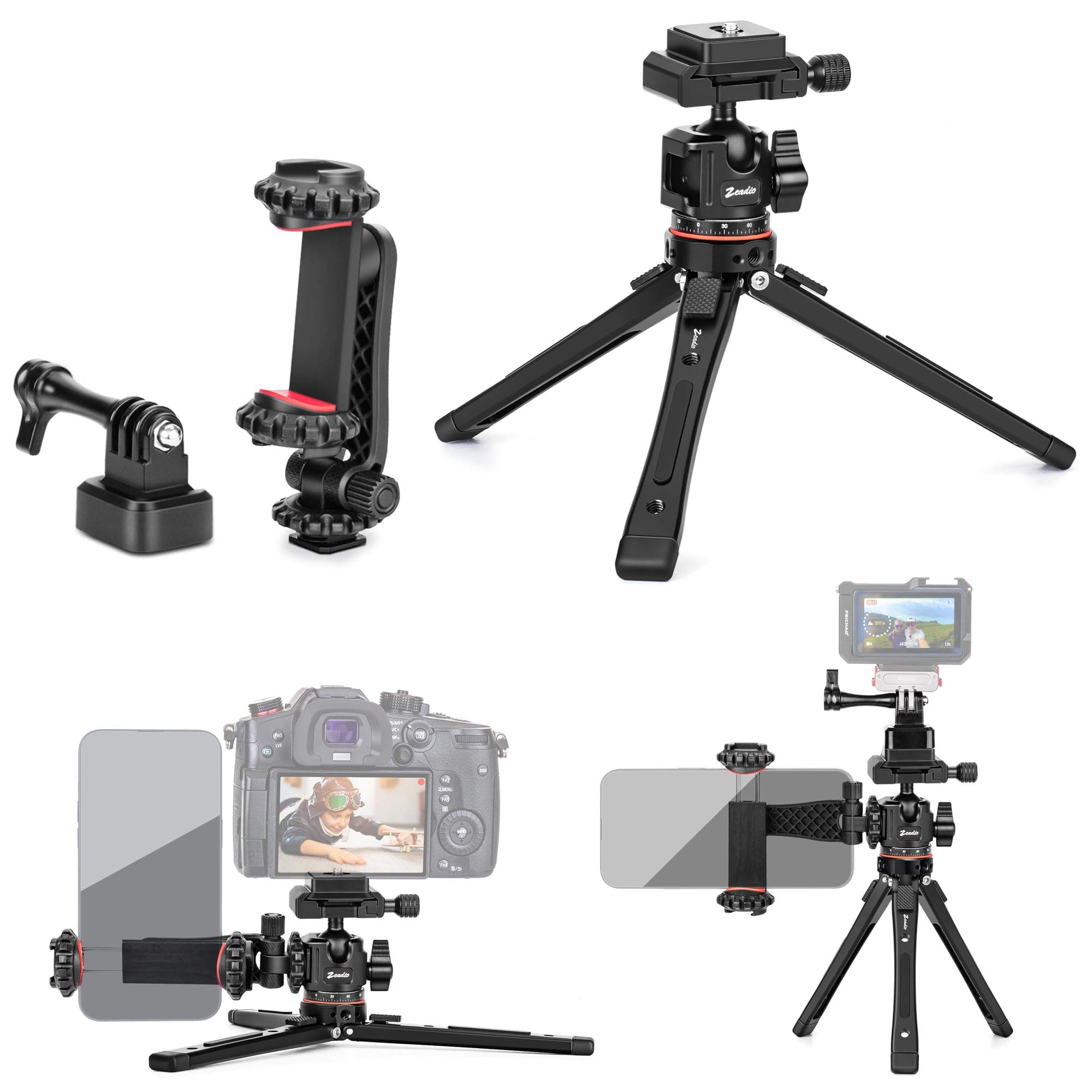 Zeadio 3-in-1 Schweres Metallstativ mit Arca-Kugelkopf, Halterung für Handy & Actionkamera-Adapter – Universelles Vlogging-Tripod-Set für Smartphone, Kamera, Gimbal, Actionkamera, Reise-Vlogging usw