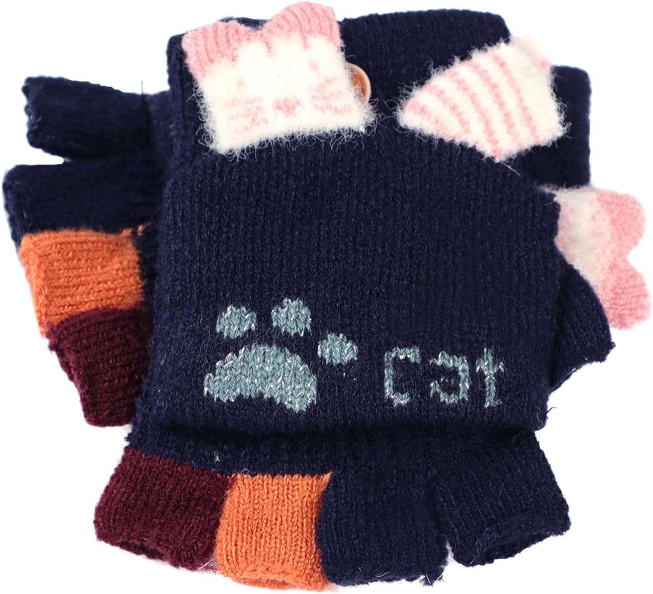 Cartoon Convertible Flip Top Gloves Toddler Kids Winter Wool Knit Fingerless Gloves with Mitten Cover for Girls Boys 2-15 Yrs - Image 5