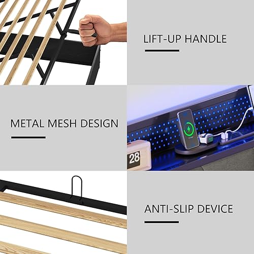 Miniatura 49 de Base de cama de almacenamiento elevable de tamaño matrimonial con luces LED, cabecera tapizada de lino con estación de carga, marco de cama de