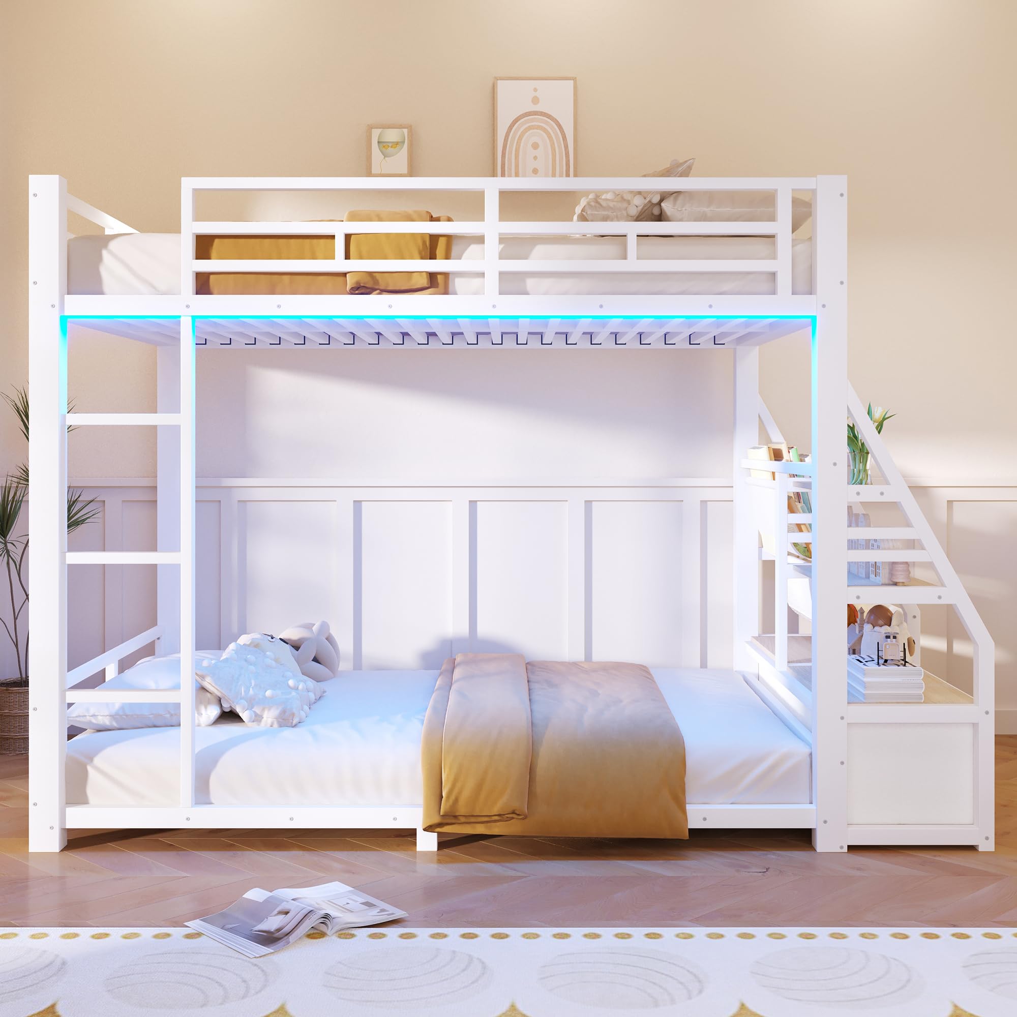 Sapgaks Lit superposé Enfant en métal 90 x 200 avec éclairage LED et 2 tiroirs en Tissu,Rangement,lit Enfant 90x200,Cadre de lit 2 Personne,Blanc
