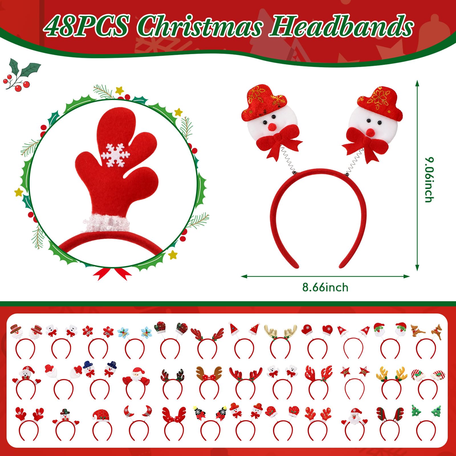 Giegxin Lot de 48 bandeaux de Noël pour les vacances, serre-tête en bois de renne, serre-tête de Père Noël, étoiles, sapin de Noël, chapeau de Noël pour femme, accessoires de fête de Noël