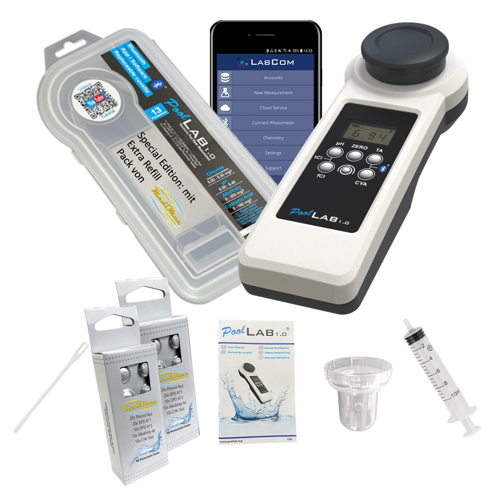 MediMuc Special Edition : PoolLAB® Version 1.0 Testeur d'eau électronique 13 en 1 avec 70 comprimés de test et pack de recharge supplémentaire
