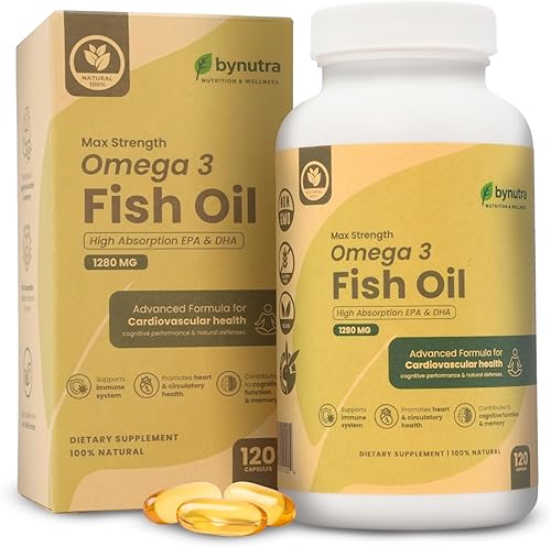 Aceite de pescado Omega 3 – Max Strength 1280 mg cápsulas blandas con EPA 650 mg y DHA 450 mg – Cápsulas de aceite de pescado Omega-3 de alta
