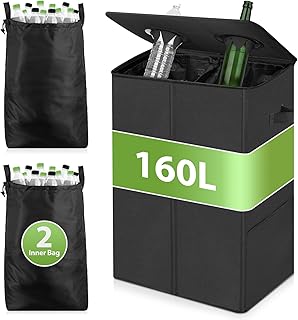 Recycle Bins for Kitchen 160L, 42 Gallon Double Indoor Recycling Bin with Lid & 2 Removable Reusable Inner Bag, Large Trash and Recycle Bin Combo for Bottle Can Paper, Black