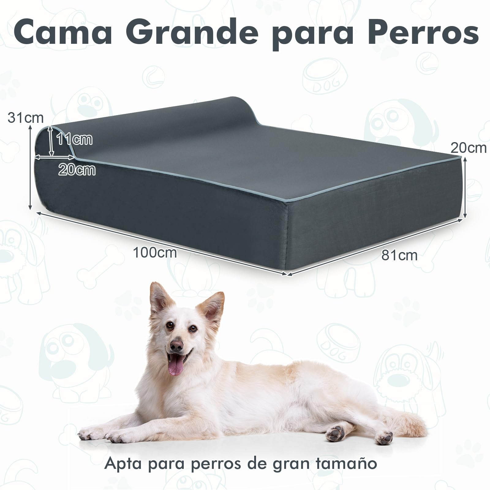 GOPLUS Cama Ortopédica para Perros, Cama Grande de Espuma Viscoelástica de Grafeno para Mascotas, Reposacabezas, Funda Extraíble y Lavable, Fondo Antideslizante, Sofá de Interior para Perros, Gris