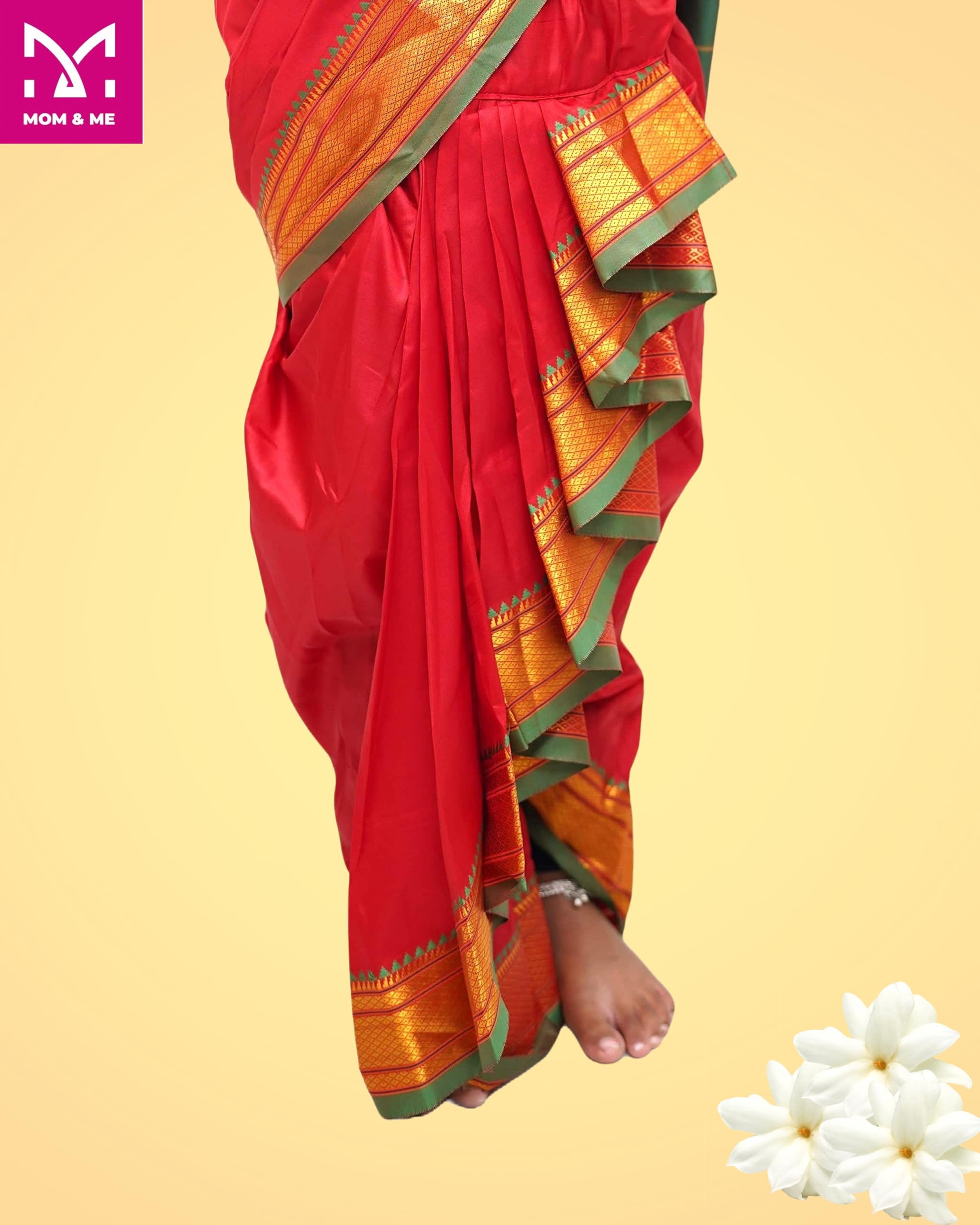 Mom and Me Nauvari Saree for Girls/Baby Girl, Ready to Wear, Marathi Maharashtrian Traditional Saree, Festival Outfit for Puja, Ganpati Festival, School Programs stitch Blouse (Red, 9-10 Years) - Image 4 thumbnail