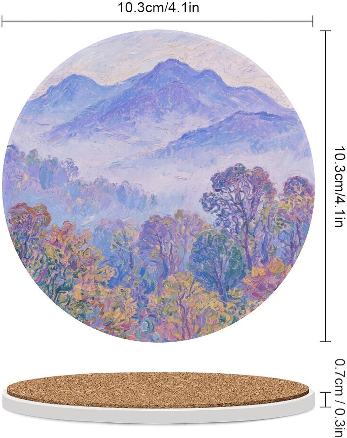 6PCS Nature Forest Mountain Coasters Non-Slip Round Drink Coasters with Ceramic Stone and Cork Base, Heat Resistant Absorbent 33.00Stone Coaster Set for Kinds of Mugs and Cups, 4 Inch