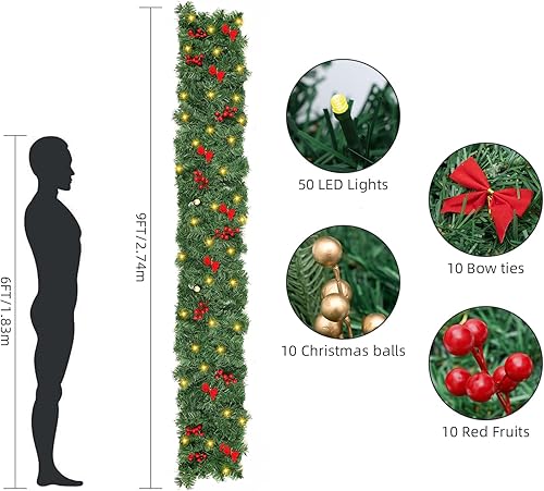 Miniatura 5 de Guirnalda de Navidad de 9 pies, 280 ramas, 50 LED, lazos de bayas rojas, guirnalda de Navidad de DALLIWOW con luces, guirnaldas para interiores y