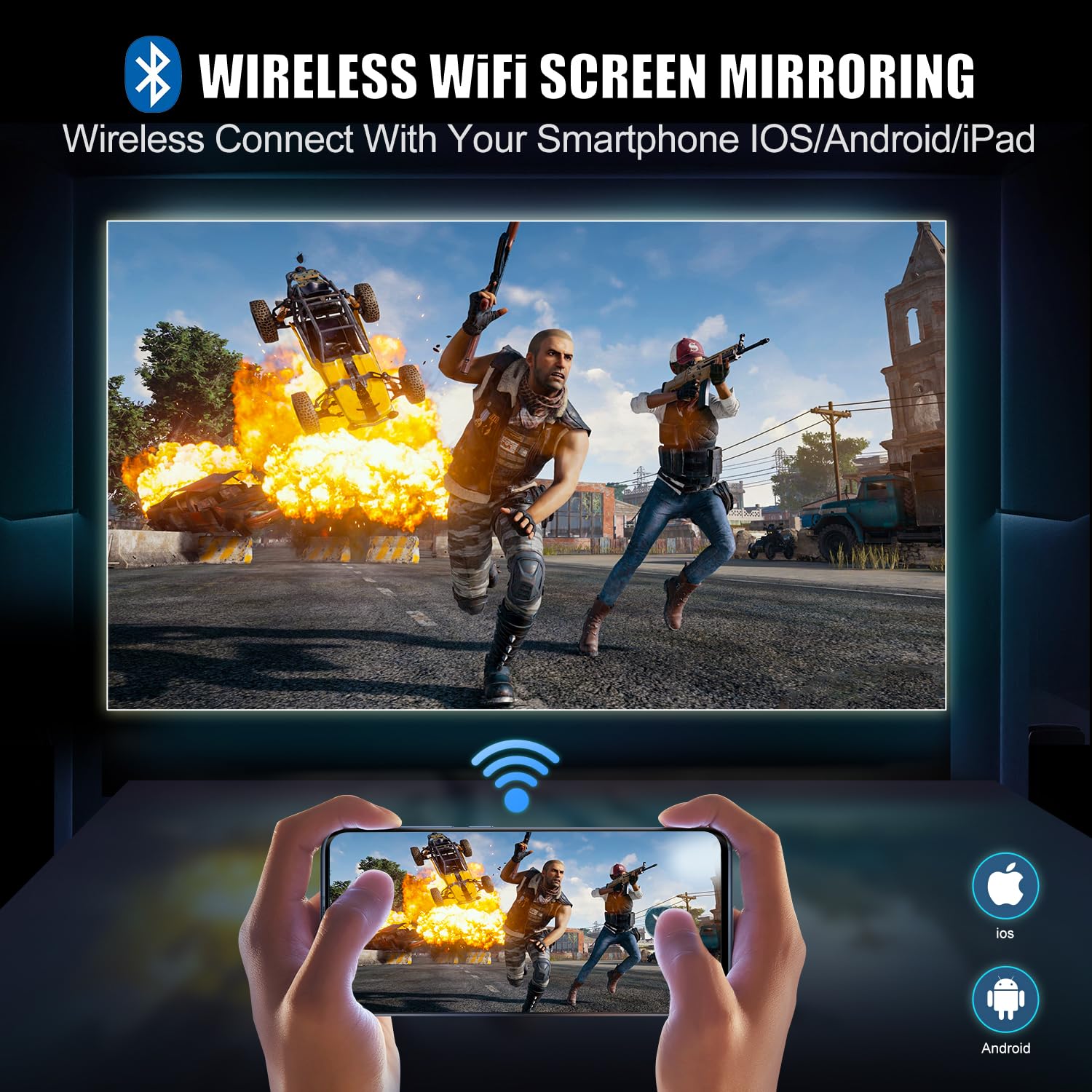 Proyector WiFi Bluetooth 4K Soporte, 35000 Lúmenes WiMiUS Proyector WiFi Bluetooth Full HD 1080P Nativo Ajuste Digital 4P/4D, Zoom 50% Proyectors Portátil Cine en Casa 300” para PPT,PS5,TV Stick HDMI