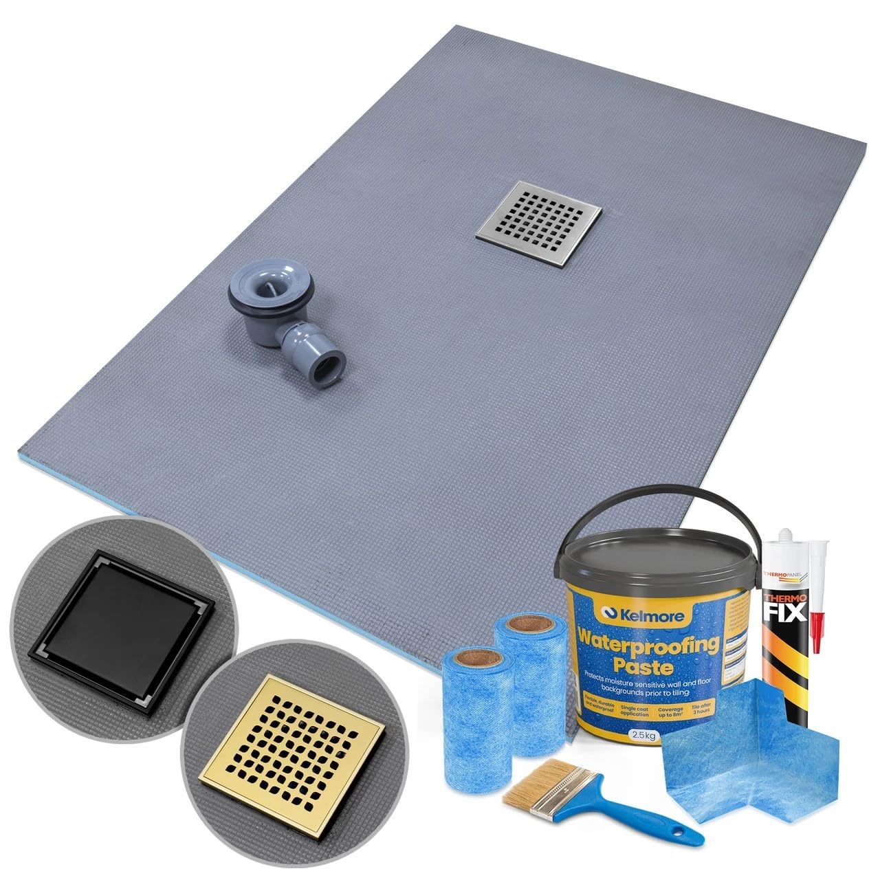 Thermopanel Square - Steel Wet Room Shower Tray Former Offset Square Drain Gold Black Stainless Steel Grate - 1200 X 900 X 20Mm, Square Pattern Grate - Steel