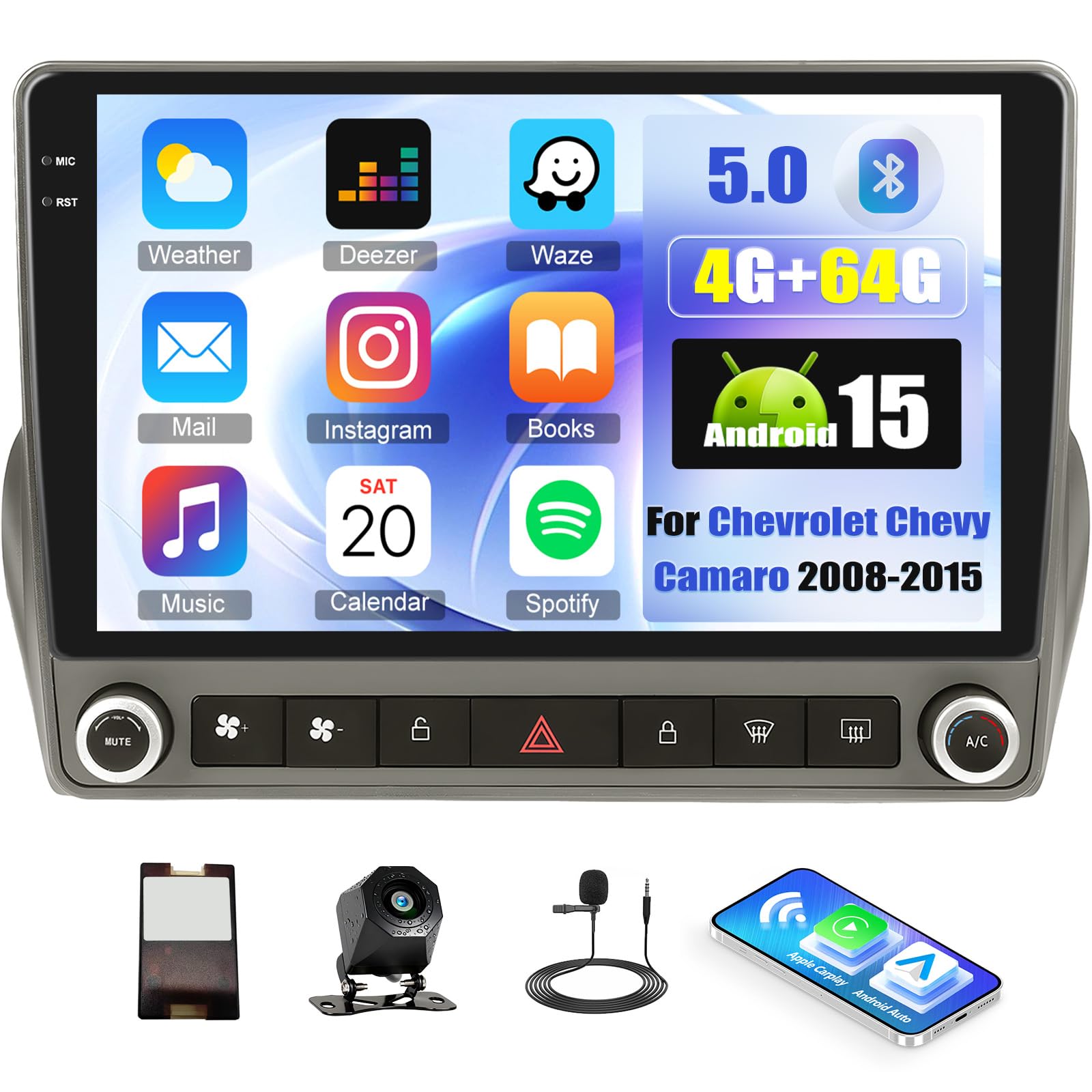 [4+64G] Android 15 Car Stereo for Chevrolet Chevy Camaro 2008-2015 with Wireless Carplay Android Auto, 9" 1280 * 720 Touchscreen Unit with Bluetooth-5.0 32-EQ/GPS WiFi/FM/RDS SWC+Backup Cam Canbus