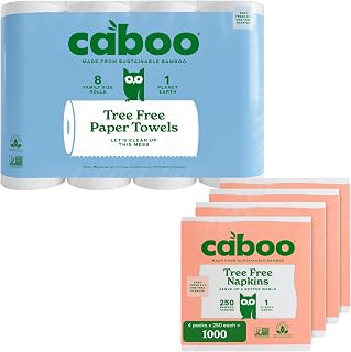 Caboo Paper Towels 8 Pack + Napkins 4 Pack Bundle - Natural Bamboo Based Paper Products - Sustainable Alternative to Plastics and Papers for Home, Travel, and Personal Care