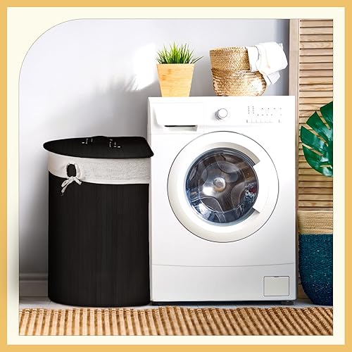 Miniatura 3 de Cesta de bambú de esquina para la ropa sucia con tapa y forro extraíble, cesta de bambú con asa, cesta de bambú para lavar la ropa, cesta de