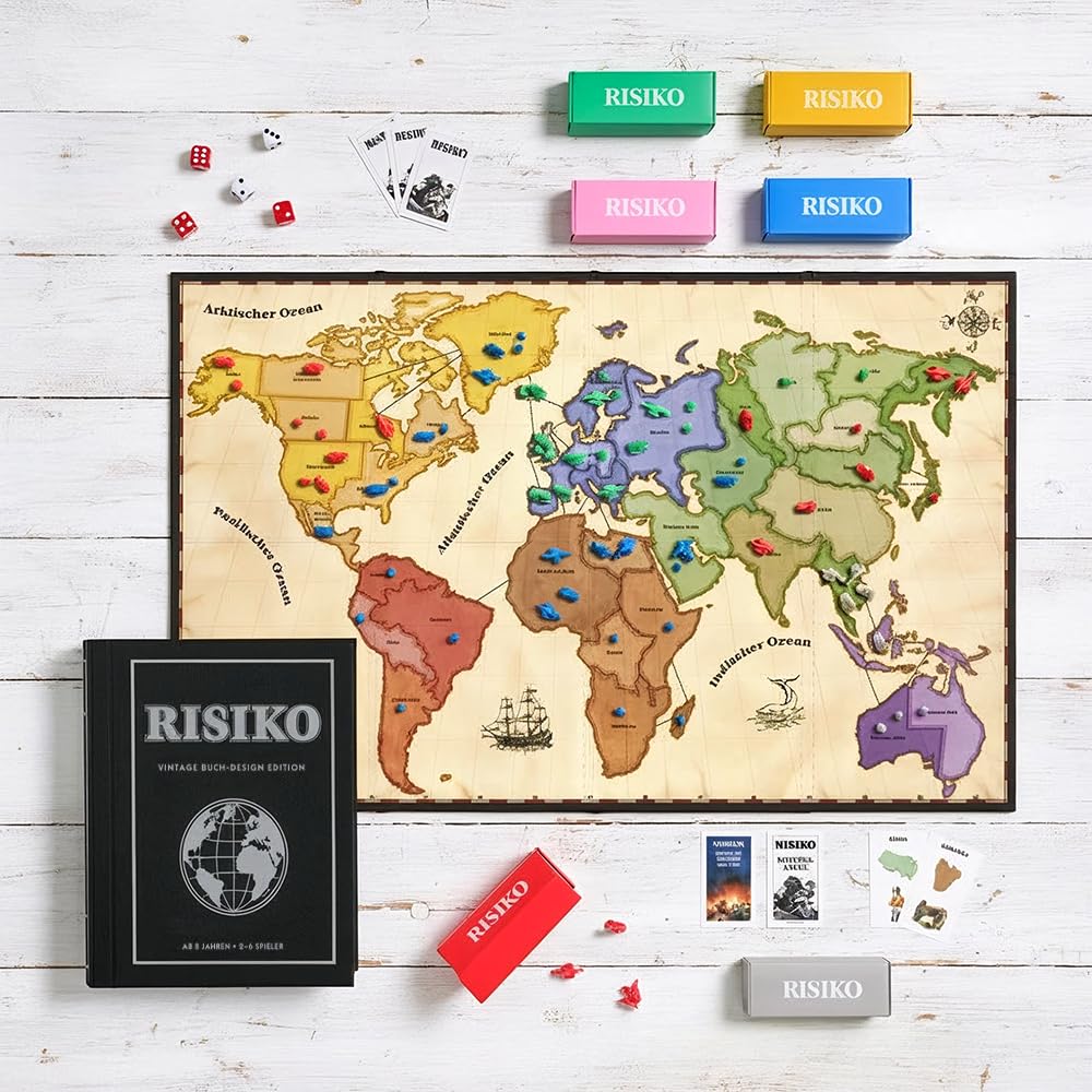 Risiko Vintage Buch Design Edition Brettspiel Bookshelf Spiel mit Weltkarte Secret Mission Karten 6 Armeen in Boxen Strategiespiel Fuer 2-6 Spieler ab 8 Jahren