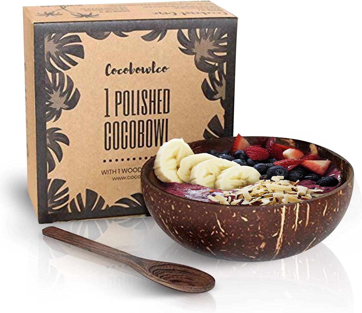 Coconut Bowl & Wooden Spoons Bowl Set - Birthday Gifts for Women - Coconut Bowls for Eco Friendly Kitchen Decor, Acai Bowls & Smoothie Bowls (1, Polished)