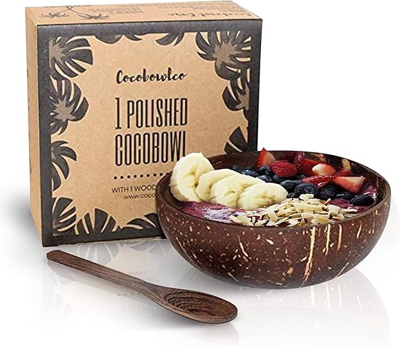 COCOBOWLCO Coconut Bowl & Wooden Spoons Set - Birthday Gifts for Women - Eco-Friendly Kitchen Decor for Acai & Smoothie Bowls (1, Polished) - 1 - Polished