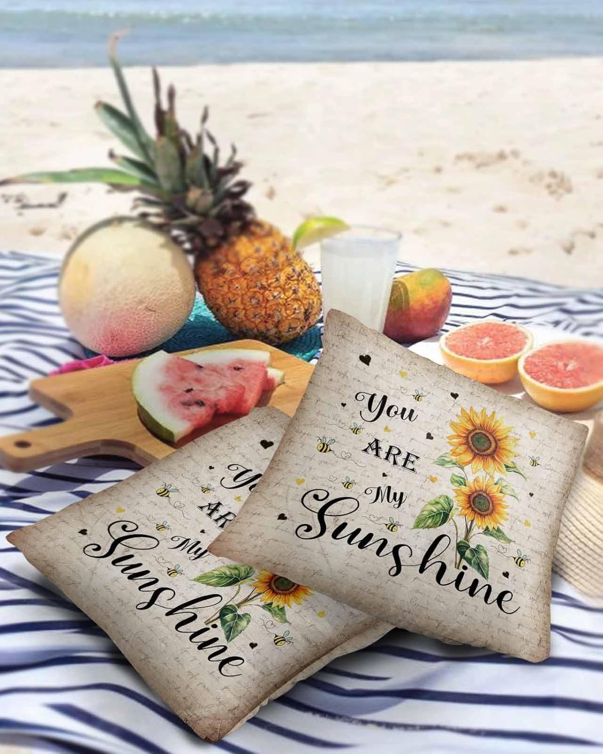 Sunflower Outdoor Waterproof Throw Pillow Covers 26"x26" Set of 2, Sunflower Bee Old Newspaper Background Decorative Garden Pillowcase with Zipper Retro Farmhouse Cushion Case for Patio Couch Tent