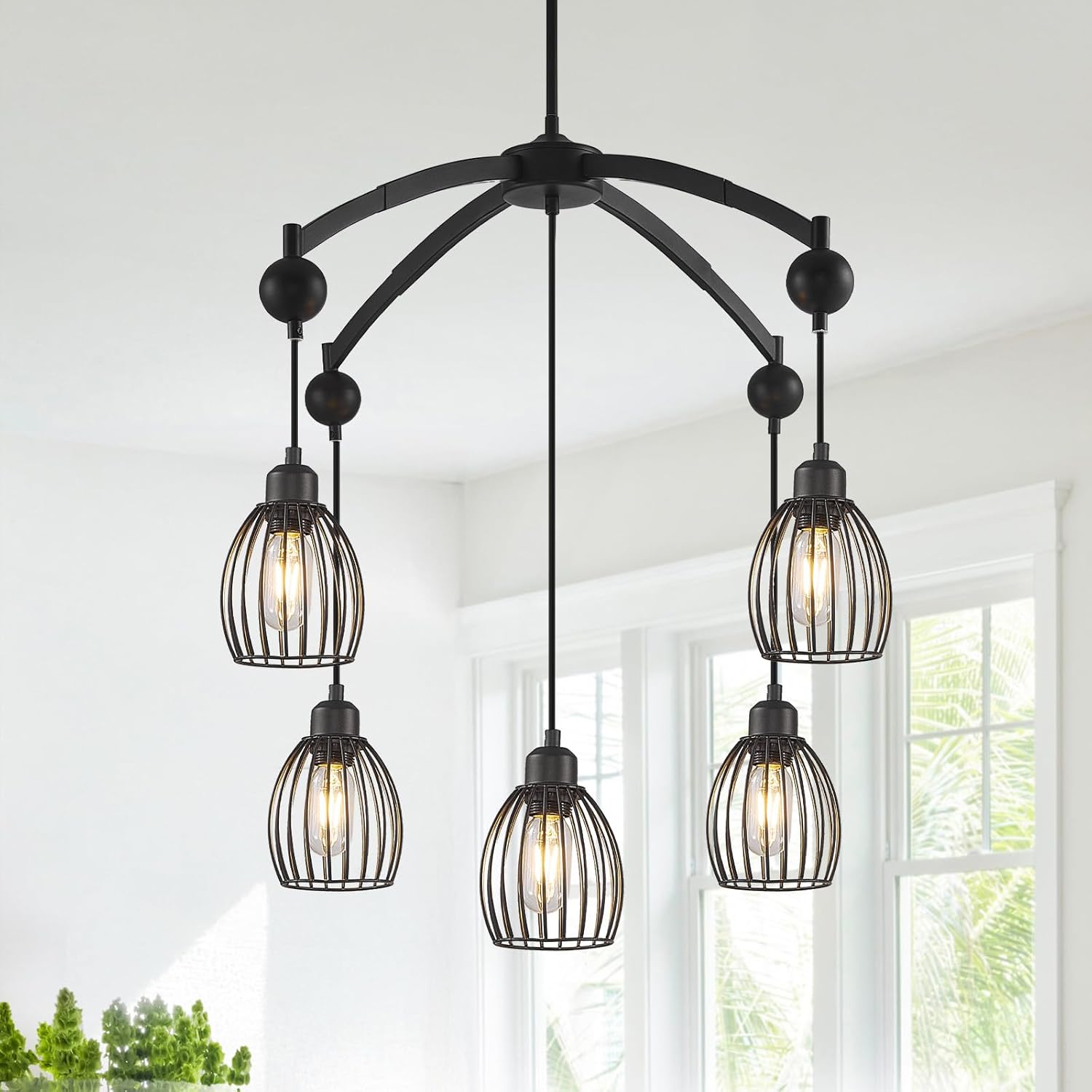 Dining Room Light Fixture/Chandelier Over Table,5-Light Kitchen Island Lighting, Hanging for Farmhouse Linear Chandeliers Matte Black Rustic Ceiling Pendant Lights for Living Room, Bedroom, Foyer
