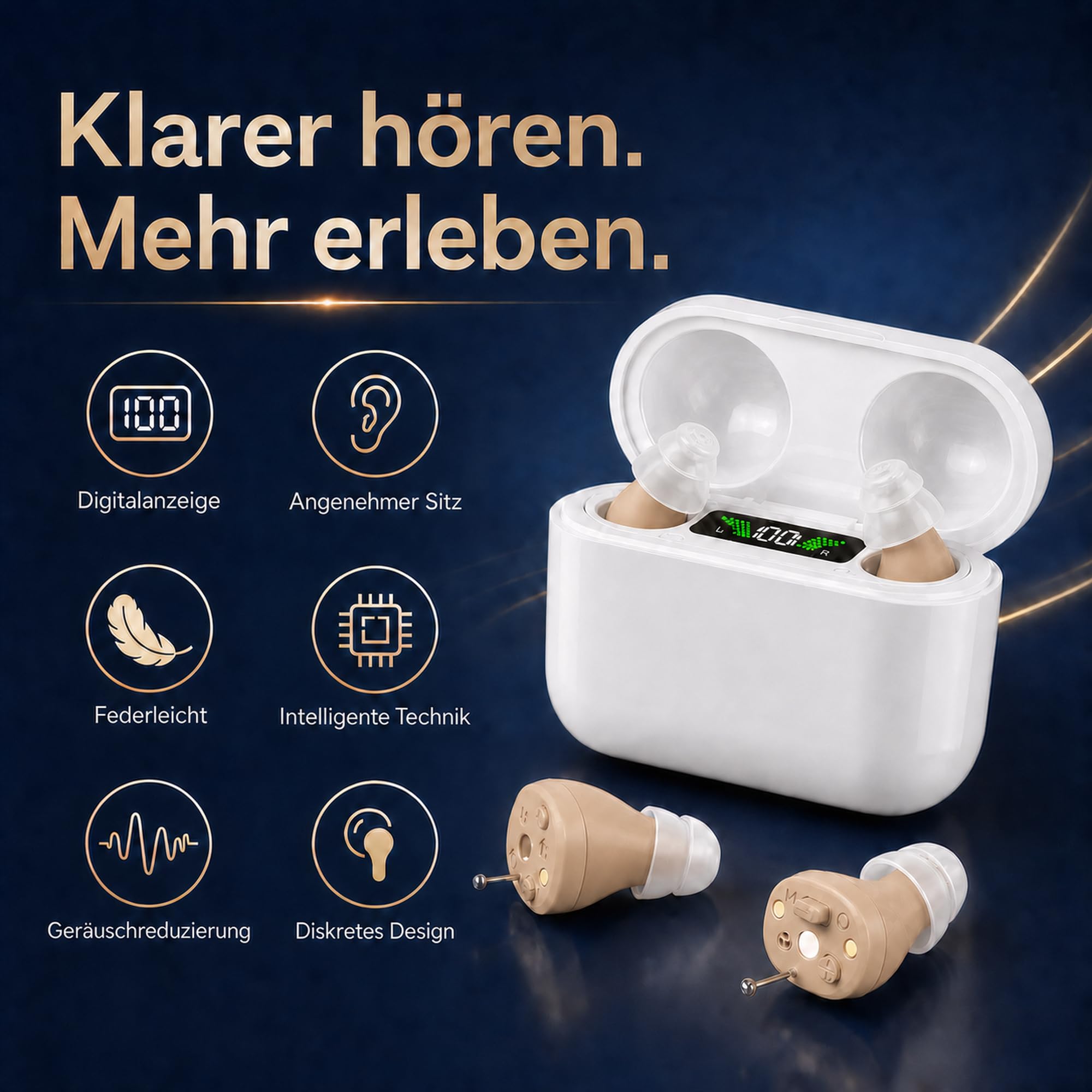 Soundgeräte mit Ladegerät Hörgeräuschverstärker Wiederaufladbares, Einstellbarer Lautstärke, Intelligente Geräuschunterdrückung, Kopfhörer Kabellos mit Aufbewahrungsbox