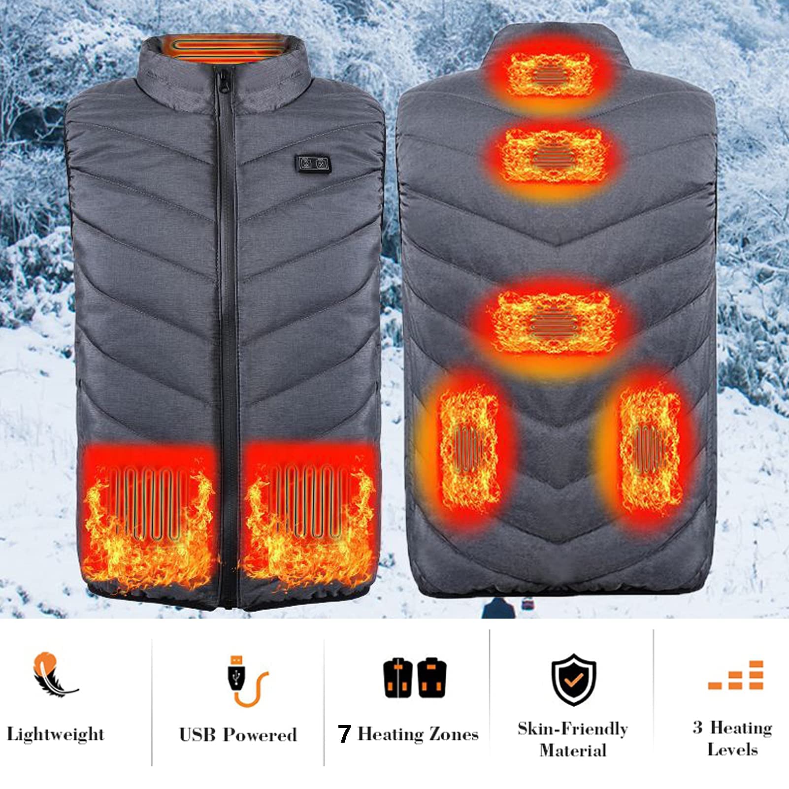 Chaleco calefactable con Carga USB, Chaqueta eléctrica Ligera, Calentador Corporal, 7 Zonas de Calentamiento para Actividades al Aire Libre (no Incluye batería Externa) (Gris S)