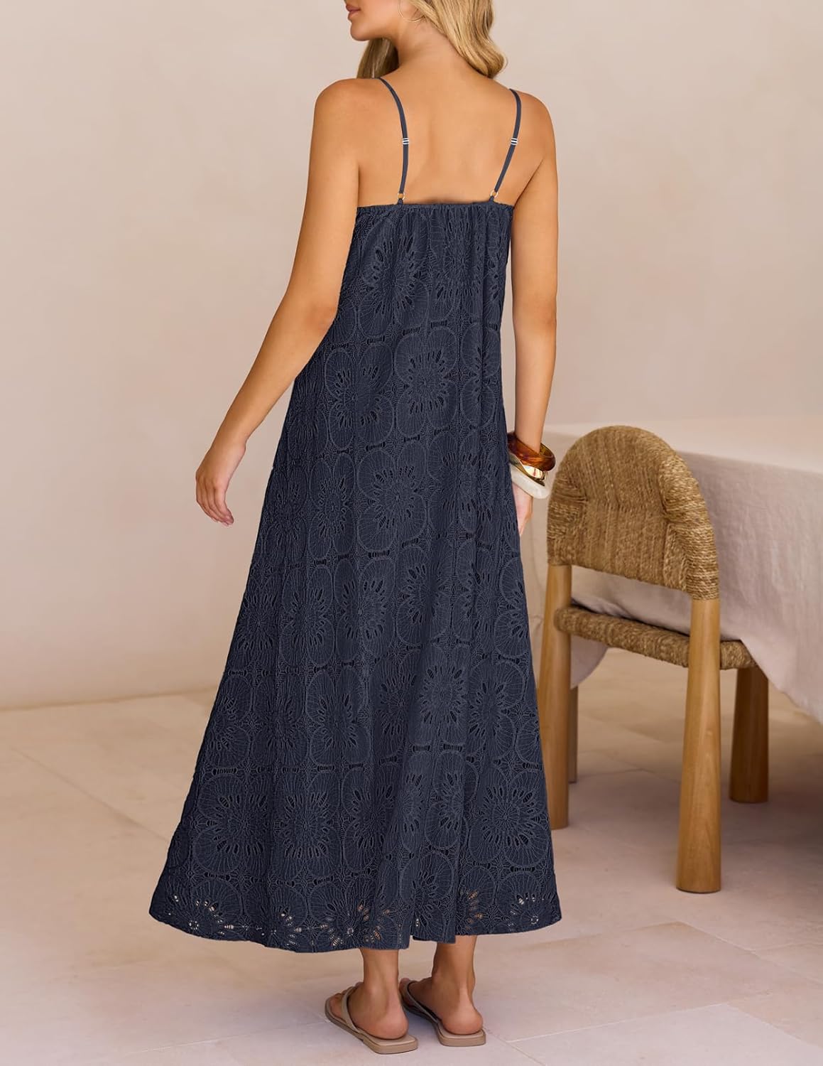 MEROKEETY Women's Summer Spaghetti Straps Sundress 2026 Casual Sleeveless Floral Lace Eyelet Boho Beach Maxi Dress