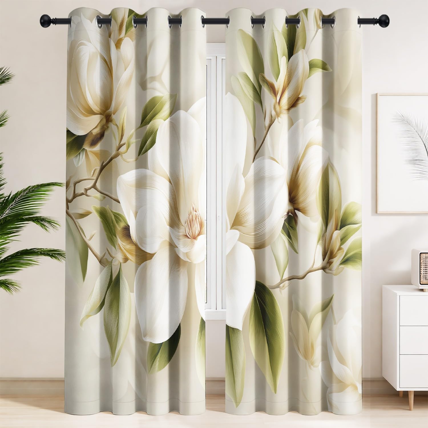 Rideau isolant thermique contre le froid magnolia blanc et vert