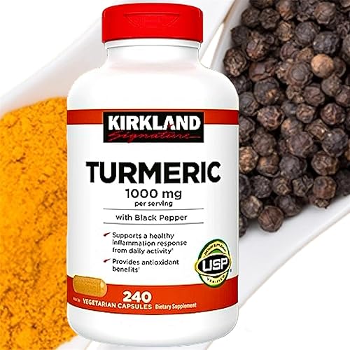 240 cápsulas vegetarianas Kirkland Signature de cúrcuma de 1000 mg con pimienta negra con 1 recipiente de loción vacío