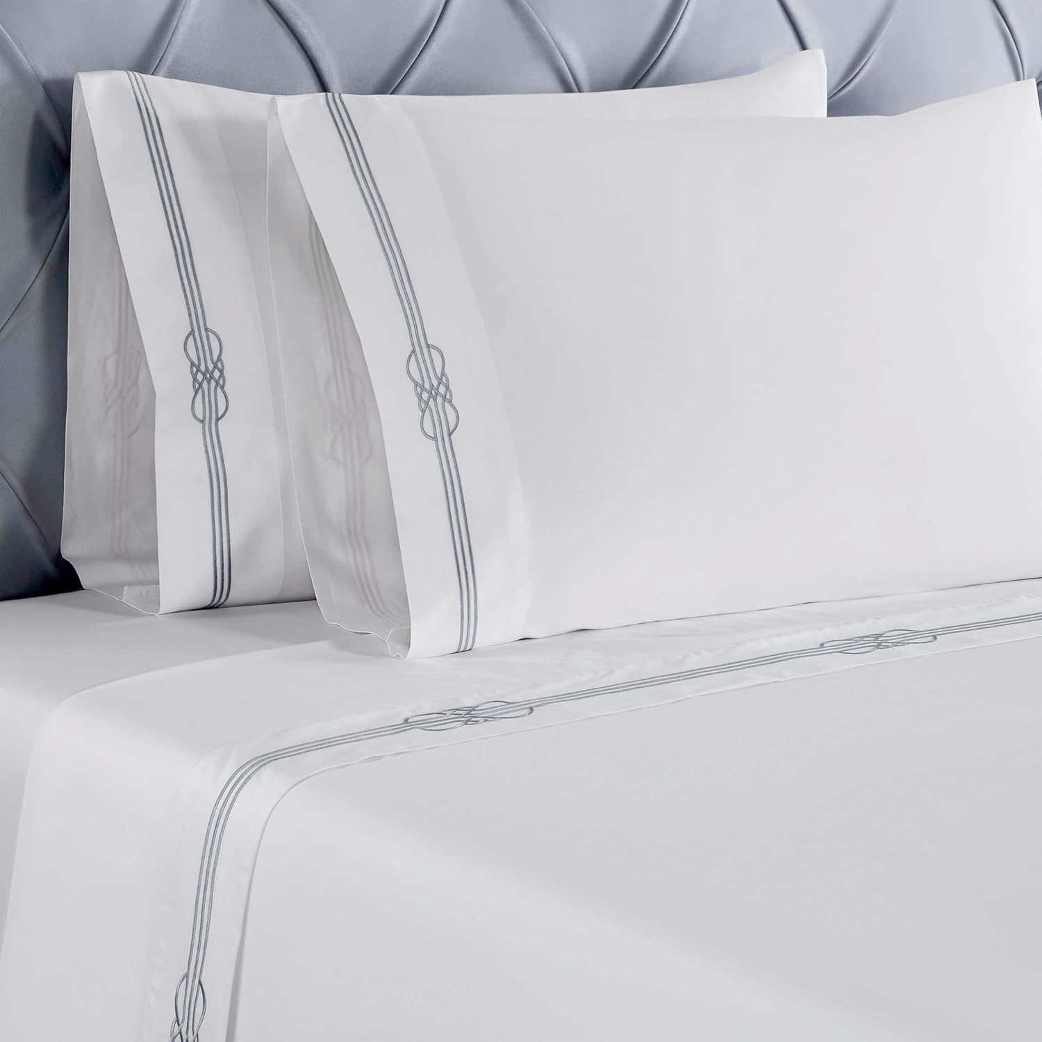 Superior Embroidered Cotton Bed Sheet Set, 1 Elastic Deep Pocket Fitted Sheet, 1 Flat Sheet, 2 Pillowcases, Daily Soft Sheets, Luxury, Elegant Design, Moonlawn Collection, King Size, White/Silver