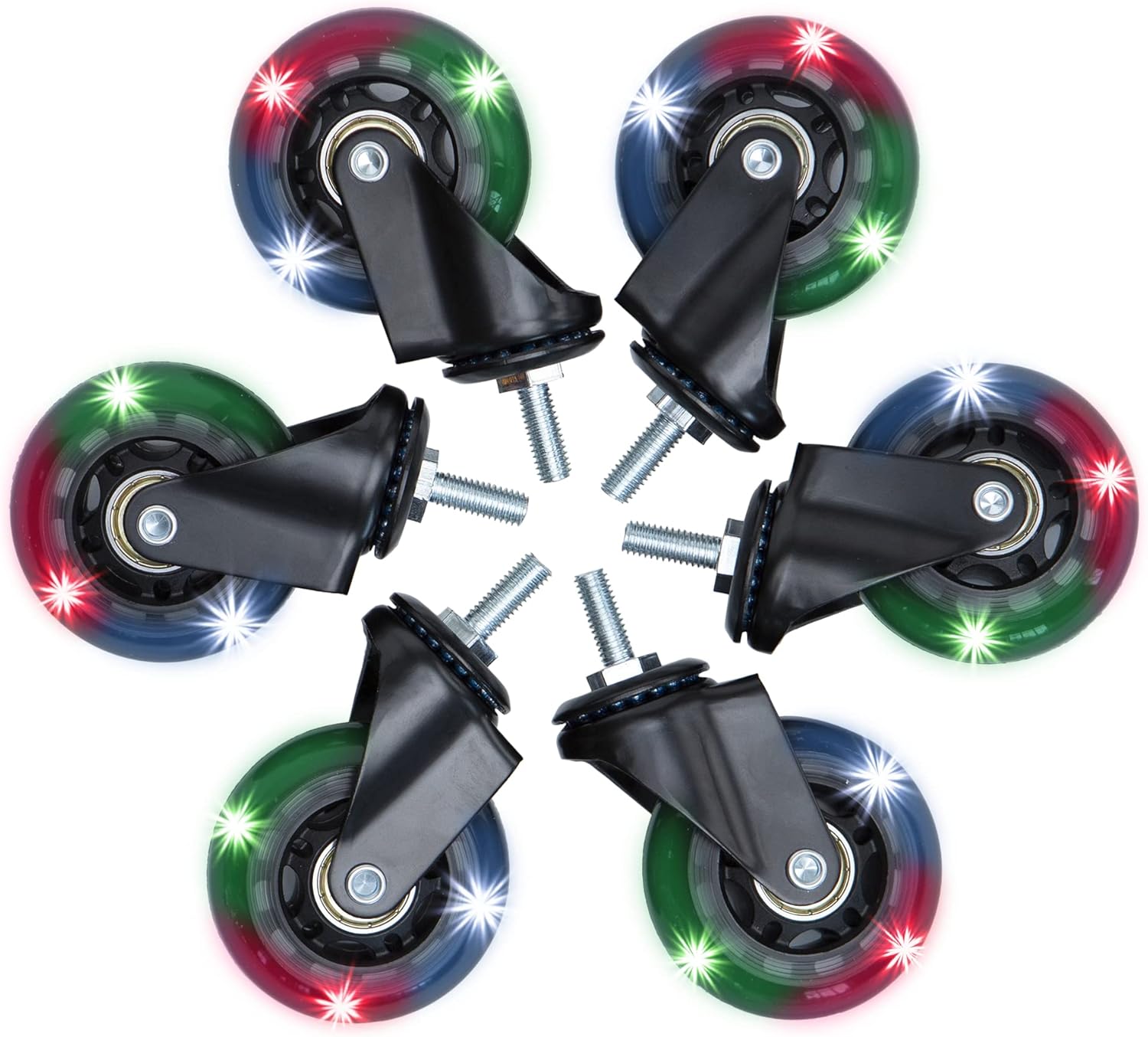 ShopSkates Creeper Caster Wheels | Set of 6 | Roller Blade Rubber | Heavy-Duty 2.5” casters | Replacement Hardware Included | 360 Degree No Noise (RGB)