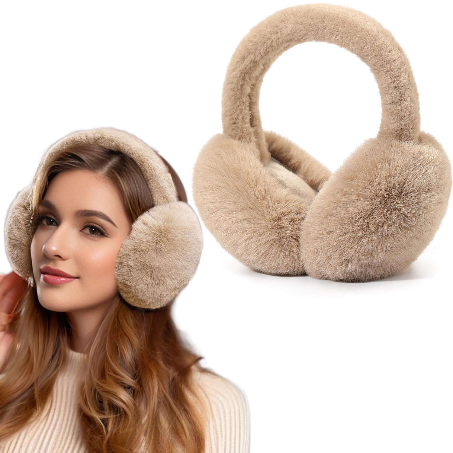 Dwenarry Women's Khaki Ear Muffs Winter Ear Muffs For Faux Fur Khaki Earmuffs Foldable Ear Warmers Covers 1Pack