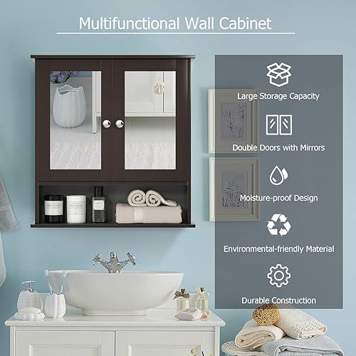 Miniatura 6 de Tangkula  Armario de baño para pared con puertas de doble espejo, de madera con estantes, gabinete de pared de baño