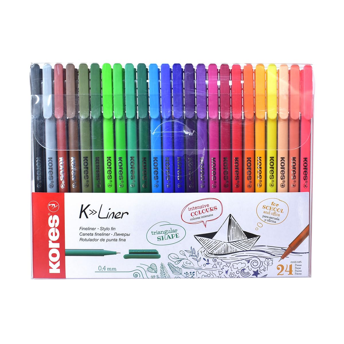 Kores - K-Liner Coloured Fineliners - 0.4mm - Colouring Pens, Fineliner Marker Pens, Art Pens, Revision Supplies, University Essentials, School Supplies - Pack of 24 in Assorted Colours