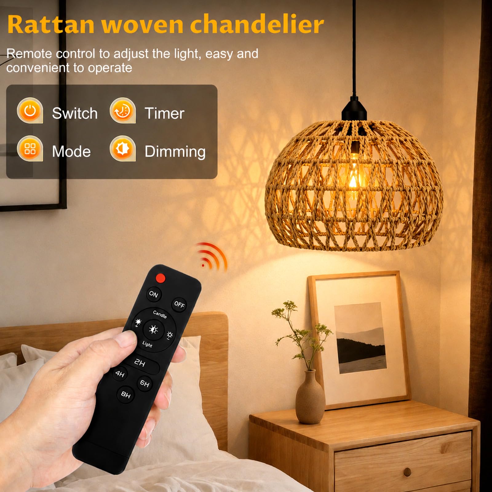 Juego de 2 lámparas colgantes de ratán, lámpara colgante retro E27 con regulador de intensidad, lámpara estilo boho, luz colgante para interiores y exteriores dormitorio, vestíbulo y balcón