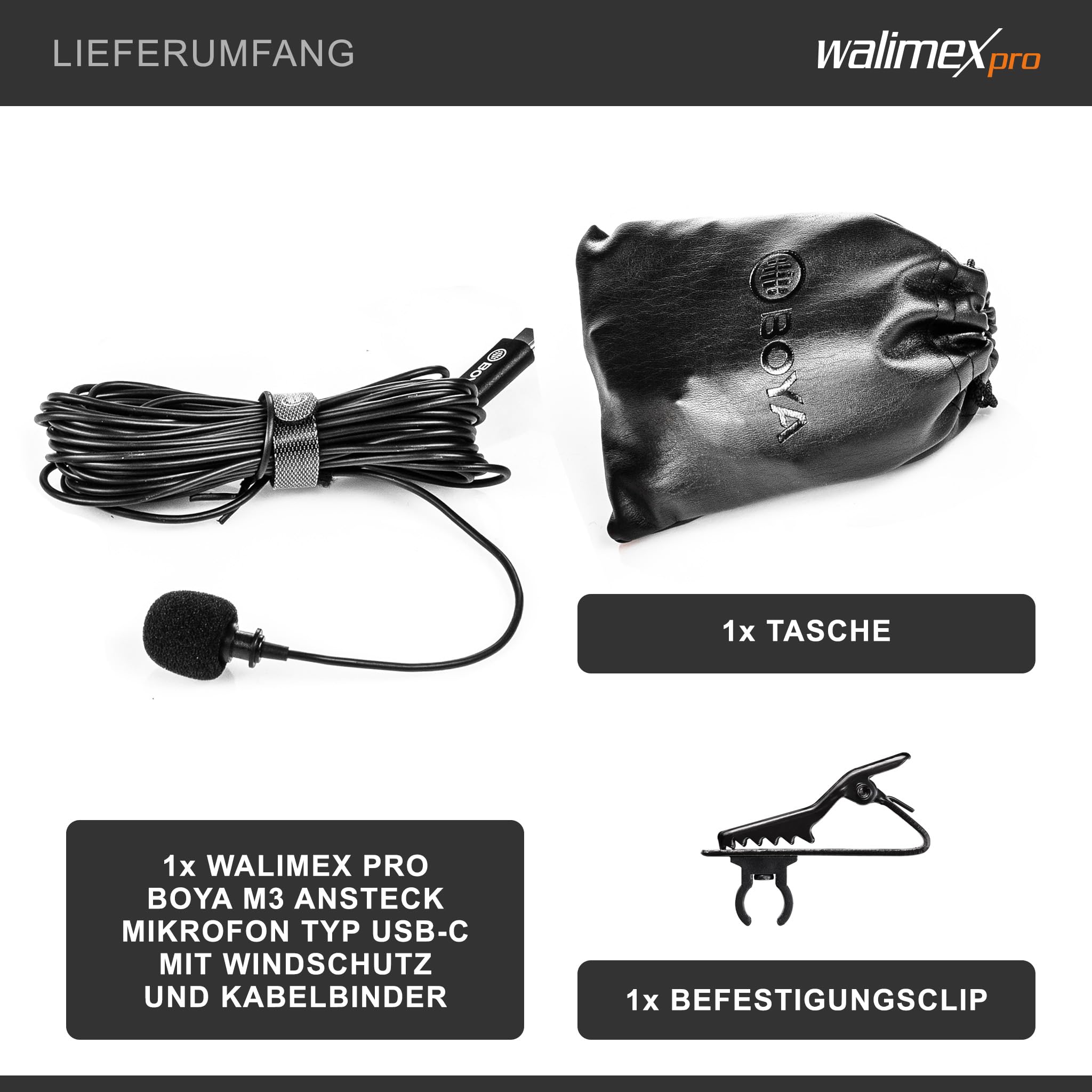 Walimex pro Boya M3 mikrofon wtykowy typu USB-C – mały, wydajny mikrofon lawalierski 50 Hz – 20 kHz do smartfonów, tabletów, komputerów PC ze złączem USB-C, do wywiadów, vlogowania, moderowania