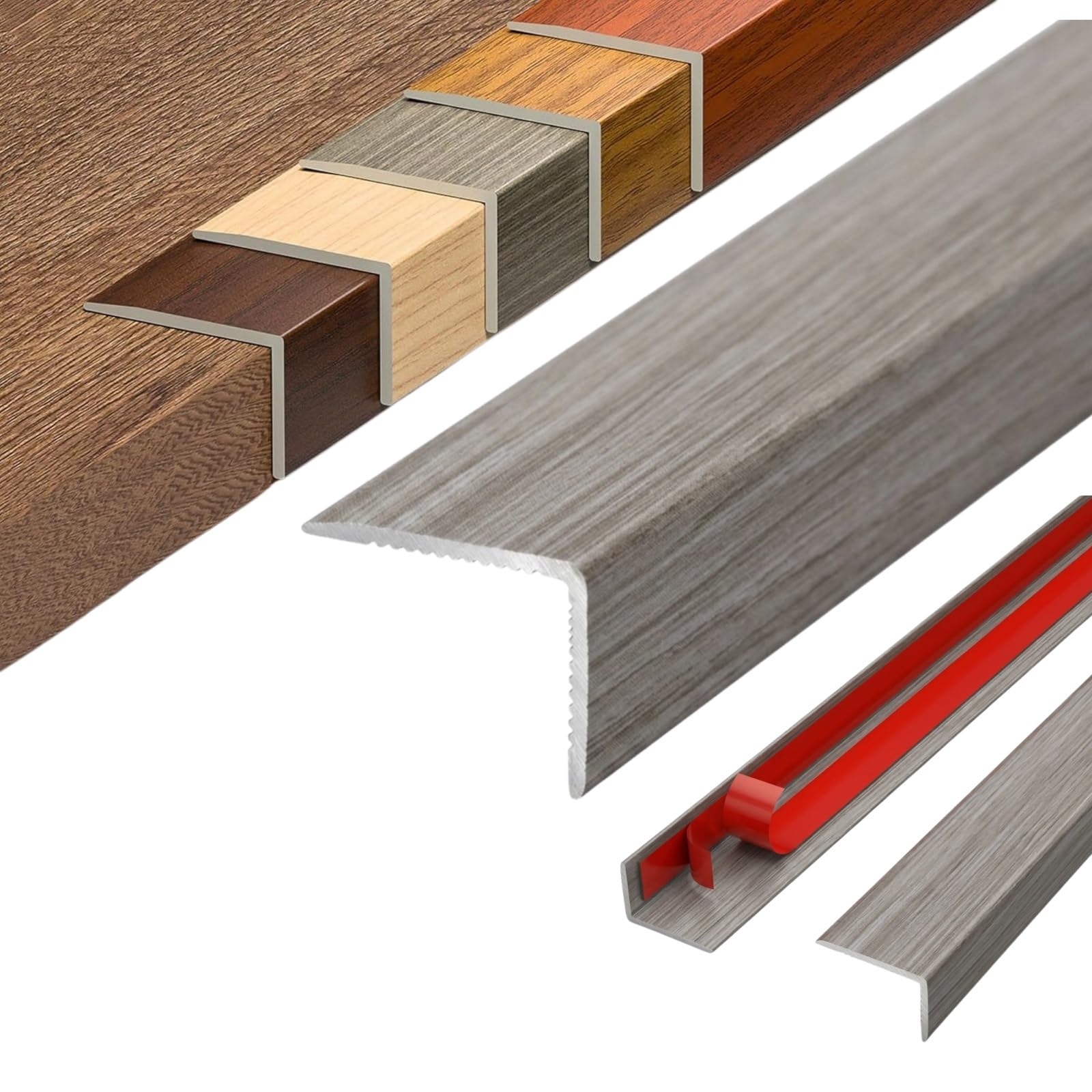 Aluminium Floor Transition Strip, Self Adhesive L Shape Wood Effect Transition Strip, 90 Degree Angle Edge Trim Door Threshold Bar for Laminate Flooring(Stripe Gray,W20*H8mm*L0.9m)
