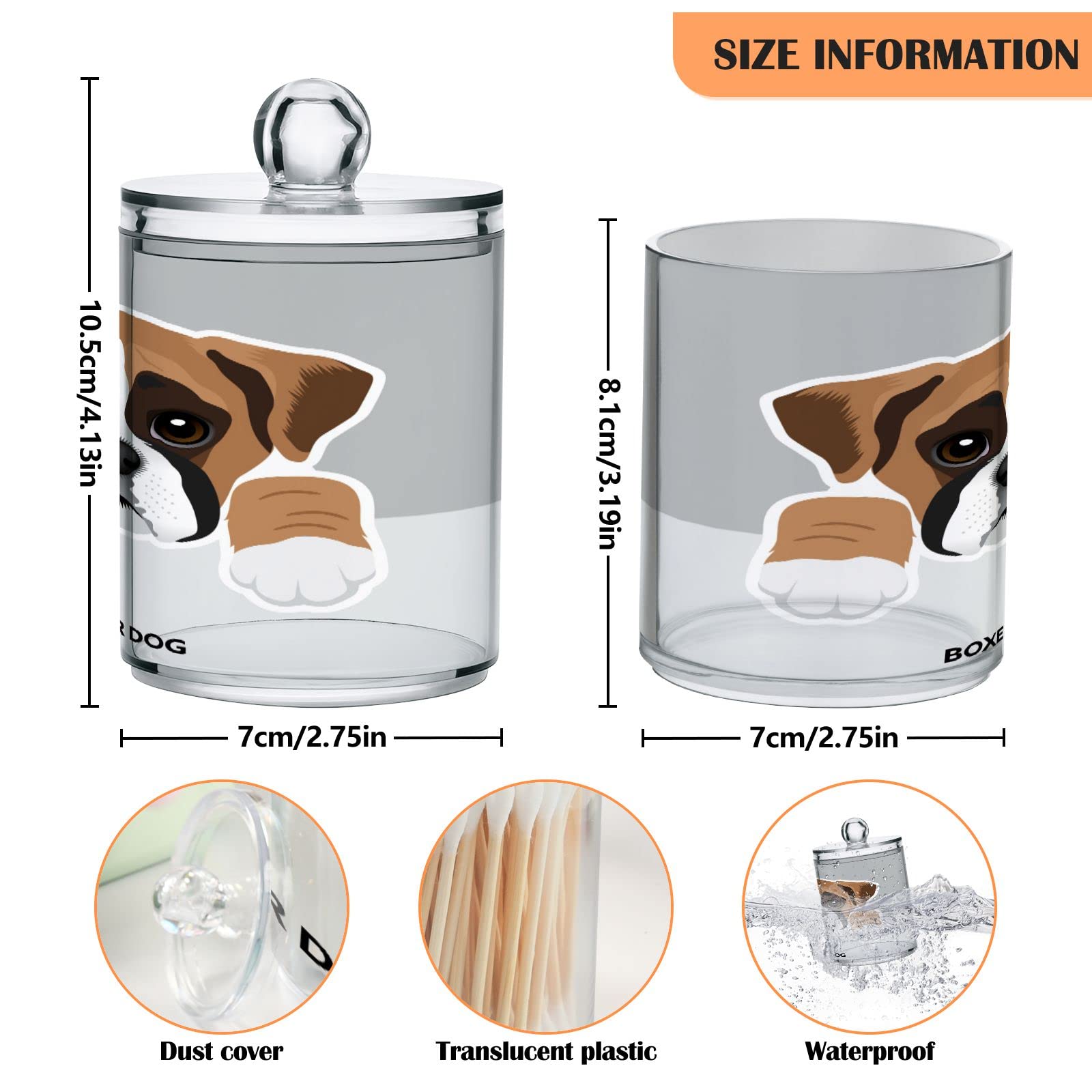 Boxer Dog Puppy Qtip Dispenser Apothecary Jars Bathroom Qtip Holder Storage Canister Plastic Jar 10 Oz for Cotton Ball Swab Round Pads Floss 4pcs