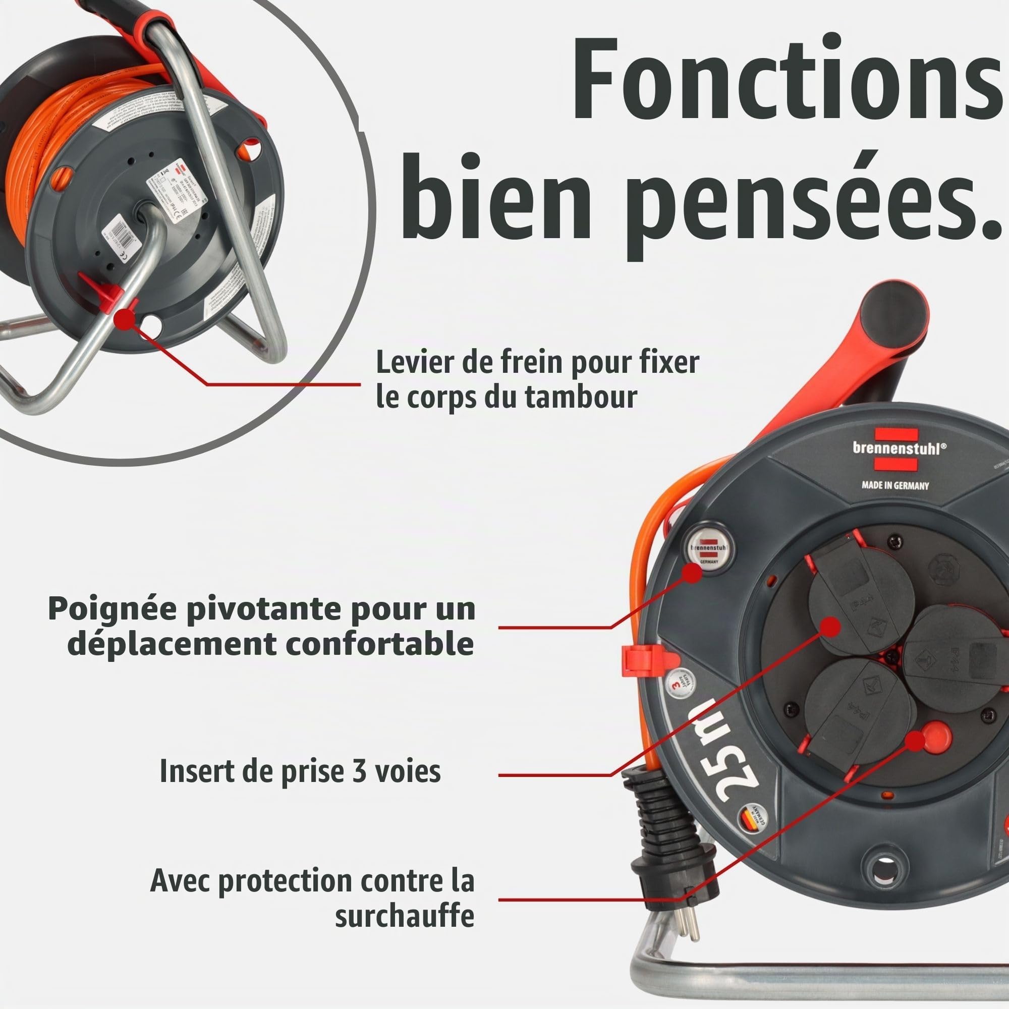 Brennenstuhl Garant V2 Enrouleur de câble, IP44, 25 m, pour l'extérieur, certifié TÜV-Süd (fabriqué en Allemagne, câble de couleur orange, utilisation à court terme en extérieur)