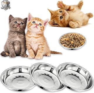 YUZI 3 Pack Stainless Steel Cat Bowls 6.2 Inch - Shallow Wide Whisker Fatigue Relief for Cats Kittens Small Dogs 304 Steel Feeding Plates