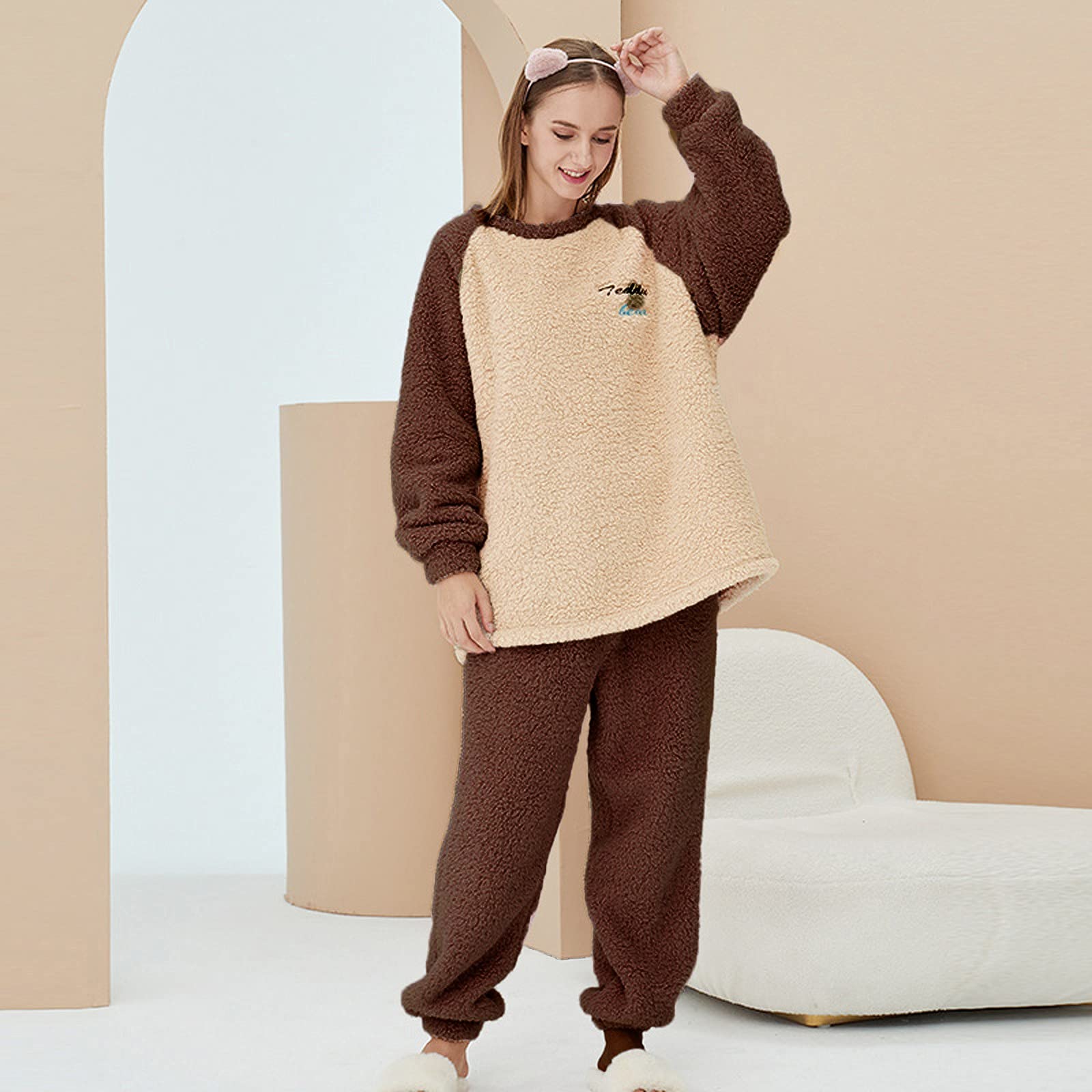 CMBSSTFC Damska przytulna, ciepła zimowa piżama Długi pluszowy strój rekreacyjny Z długim rękawem Puszysty strój do joggingu Zimowy polar Przytulny strój rekreacyjny Ciepły, przytulny kombinezon