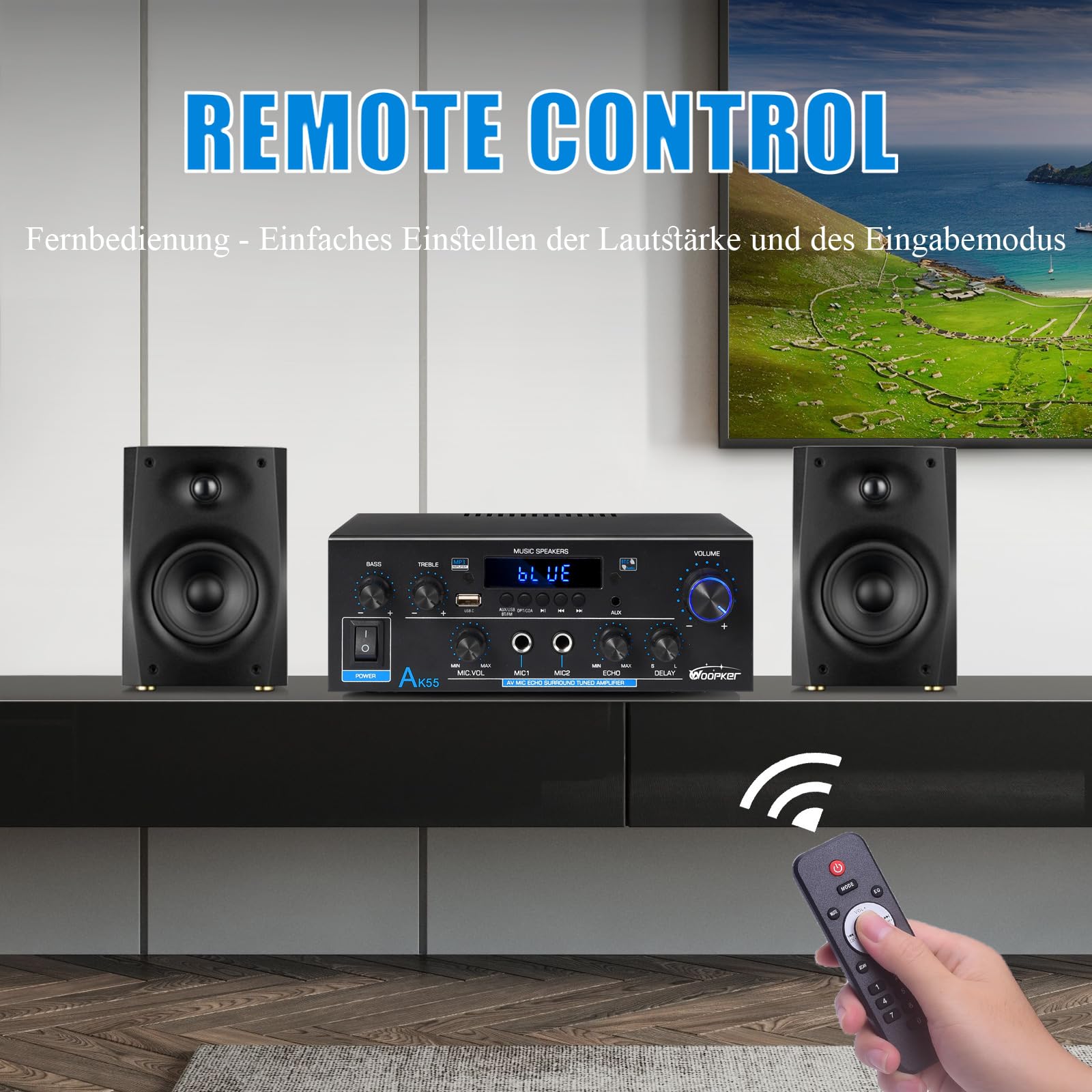 WOOPKER AK55 HiFi Verstärker Stereo Receiver 600W 2.0 Kanal Bluetooth UKW-Radio Opt AUX RCA USB 2 Mic Eingänge