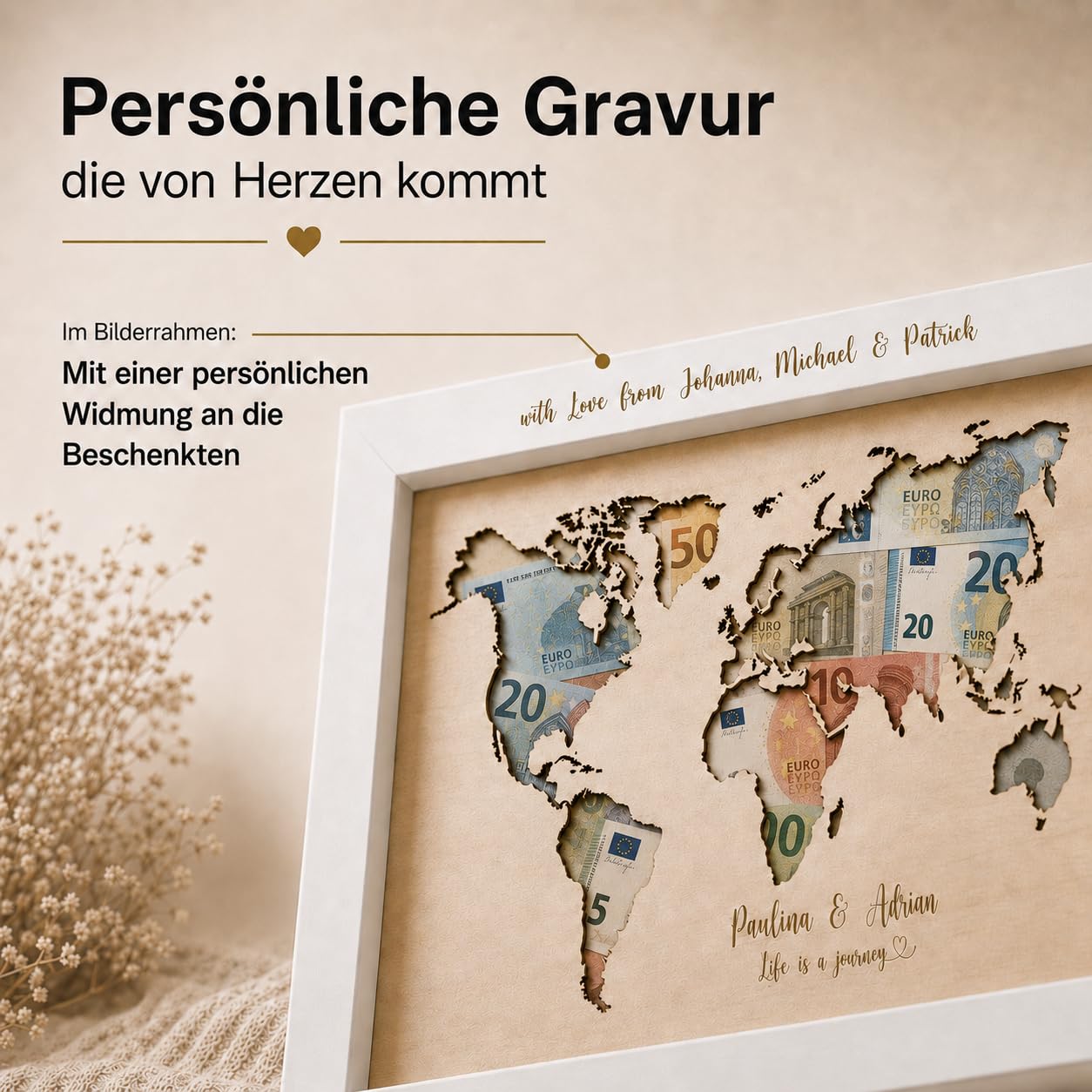 vonMia Personalisiertes Geldgeschenk Hochzeit, Weltkarte aus Holz im Bilderrahmen, A2 40 x 50 cm, Namen, Datum & Wunschtext individuell, Geschenk für Brautpaar