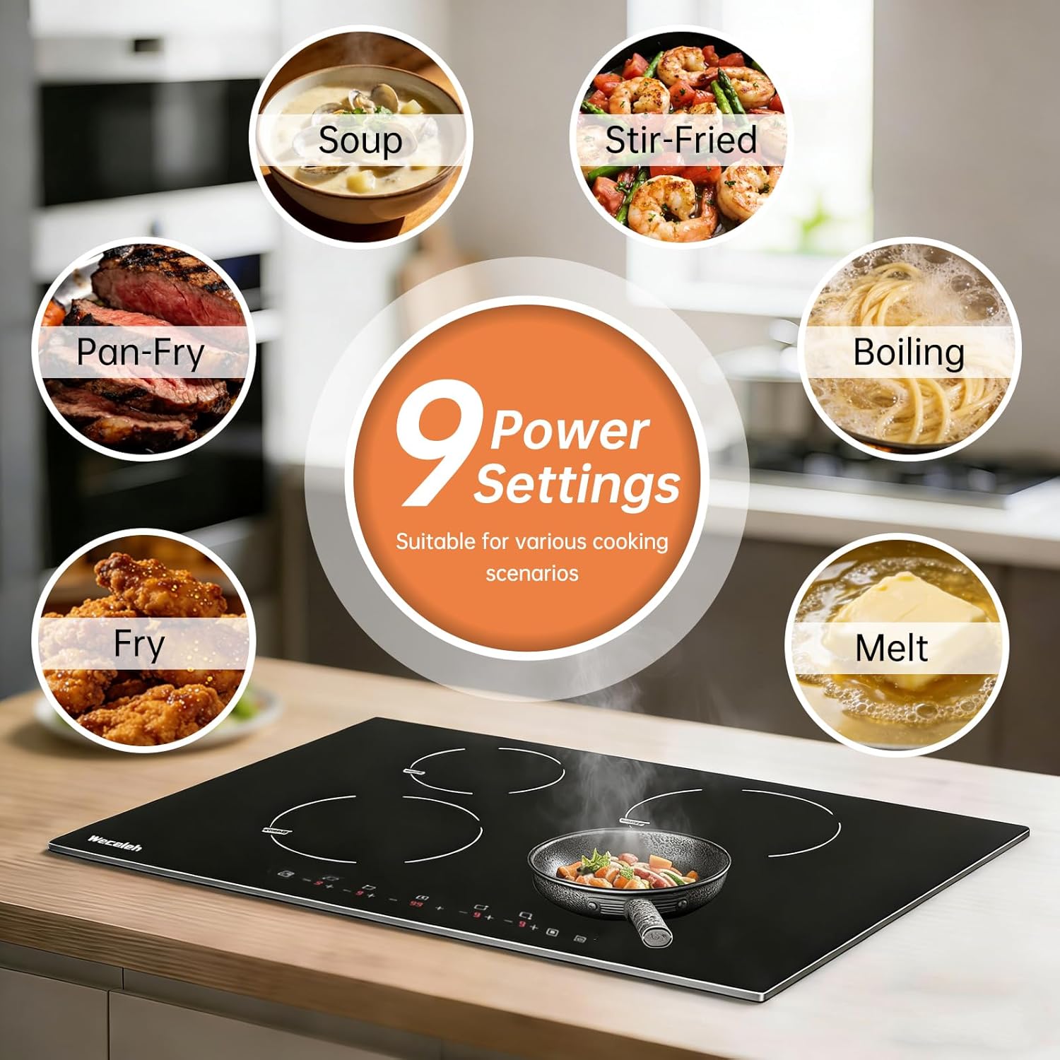 30 Inch Induction Cooktop 4 Burners Built-in Induction Burner with Timer Child Safety Lock 9 Power Levels Shutdown, 7000W Magnetic Stovetop for RV, Apartment, Kitchen, 220-240V