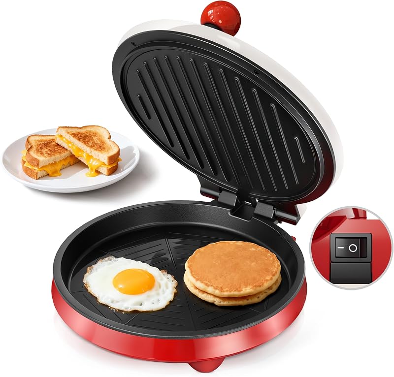 3-in1 Electric Griddle Nonstick & Sandwich Maker with On/Off Switch | 8" Round Griddle and Panini Press, 180° Open Design, Perfect for Pancakes, Omelets, Quesadillas, Veggies (Red/Beige)