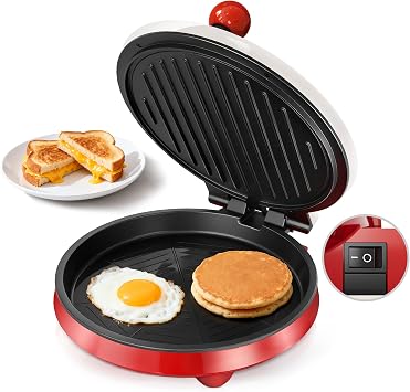 CACHOO 8" 3-in1 Electric Griddle & Sandwich Maker with On/Off Switch | Nonstick Round Griddle and Panini Press, 180 Open Design, Perfect for Pancakes, Omelets, Quesadillas, Veggies Red/Beige