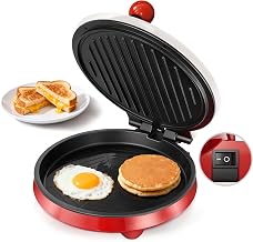 3-in1 Electric Griddle Nonstick & Sandwich Maker with On/Off Switch | 8" Round Griddle and Panini Press, 180° Open Design, Perfect for Pancakes, Omelets, Quesadillas, Veggies (Red/Beige)