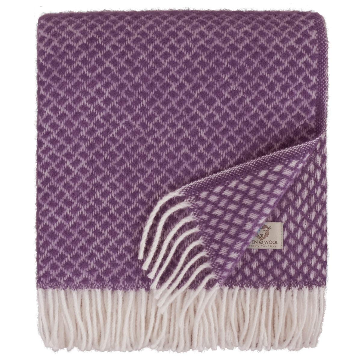 Linen & Cotton Piękny Miękki Wełniany Rzut/Koc Sofia - 100% Czysta Nowozelandzka Wełna, Fioletowo Fioletowy (130 x 170cm) Pled na Kolana/Ciepły Sofa Łóżko Kanapa Fotel Pokrywa Jedno/Podwójne Wełna